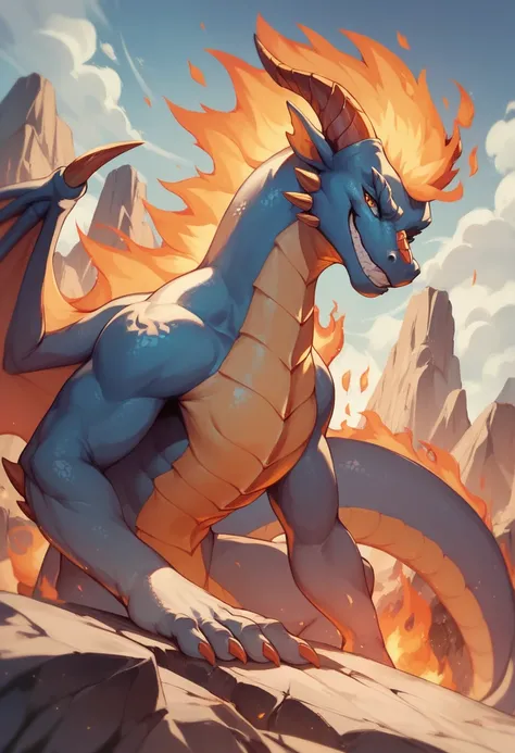 Fire dragon, dragon made entirely of orange flames, mischievous smile, dragon on the ground, rocky landscape covered in flames, ((best quality))