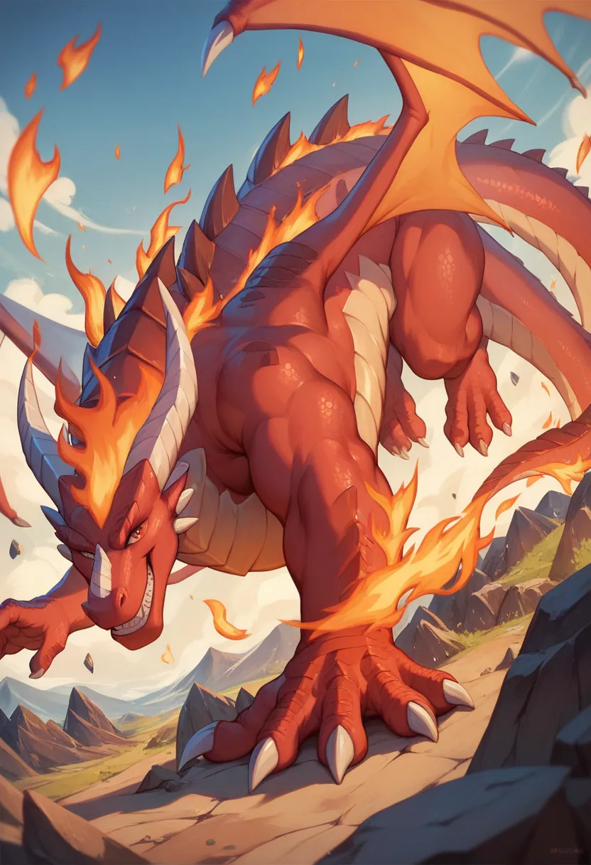 Fire dragon, dragon made entirely of orange flames, mischievous smile, dragon on the ground, rocky landscape covered in flames, ((best quality))