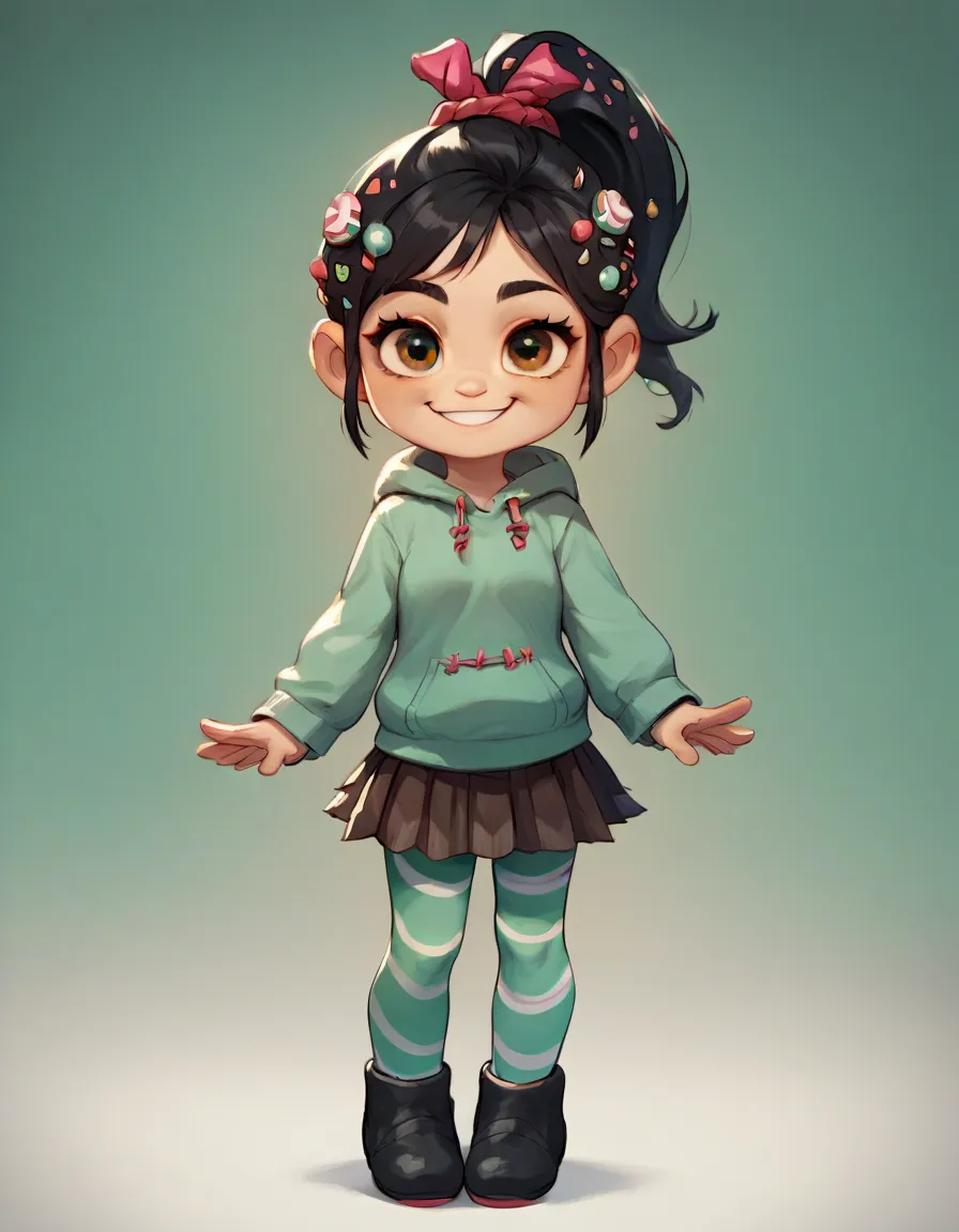  rating_safe, source_cartoon, score_9, score_8_up, score_7_up,

full body, 1girl, solo, standing, looking at viewer, smile,

vane11op3, black hair, ponytail, hair ornament, brown eyes, green hoodie, pleated skirt, striped pantyhose, black footwear