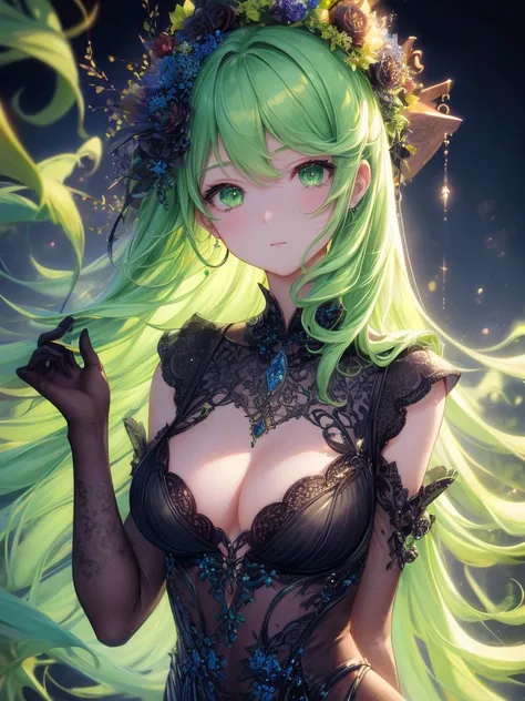 art by Cornflower,( masterpiece),(最high quality:1.2),(perfect anatomy),(1 girl),Beautiful detailed green eye,Beautiful green hair,( high-definition and elegant ),Classic Style,Wide range of colors,Brush strokes,鮮やかなTexture, detailed skin, Add a dramatic an...