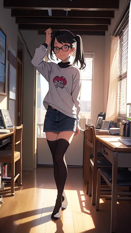 ( Super Flats ,  Flat Shading )， Fisheye ， student council president ，  naked，Really blushing，sweat，surely:I came violently :1.2，， standing on the ground is bothered by a low-leg denim miniskirt right in front of me，Colorful Stockings，Long sleeve printed T...