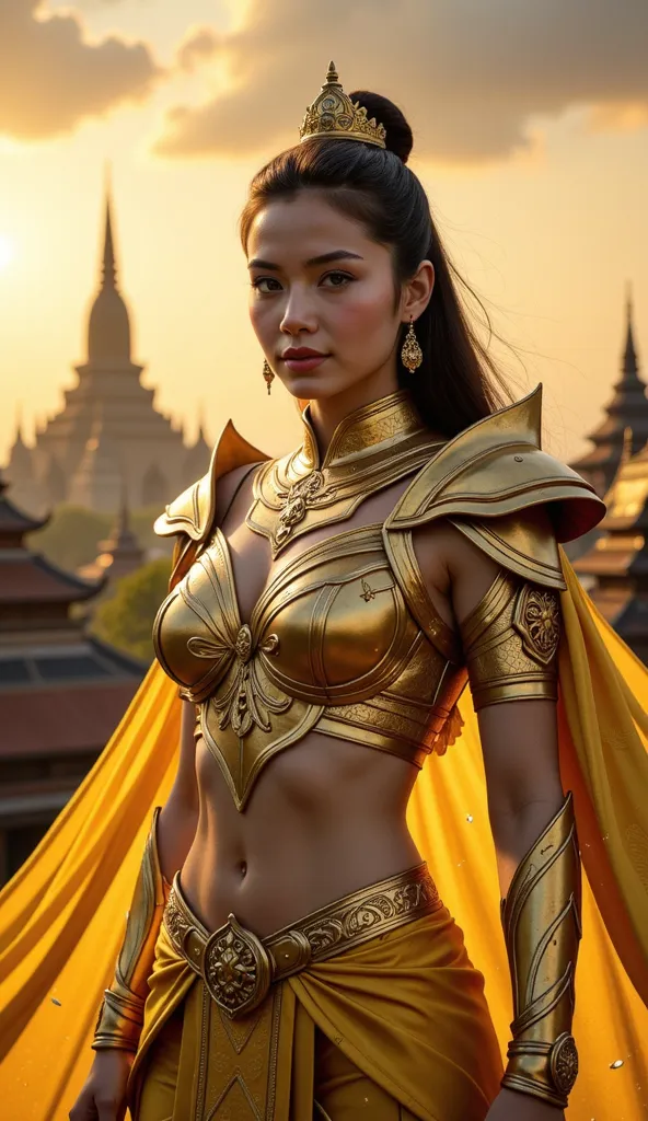 A majestic and powerful female superhero inspired by Myanmar, wearing a stunning battle suit infused with Burmese culture and heritage. Her armor is sleek yet regal, decorated with intricate golden patterns inspired by traditional Burmese motifs found in t...