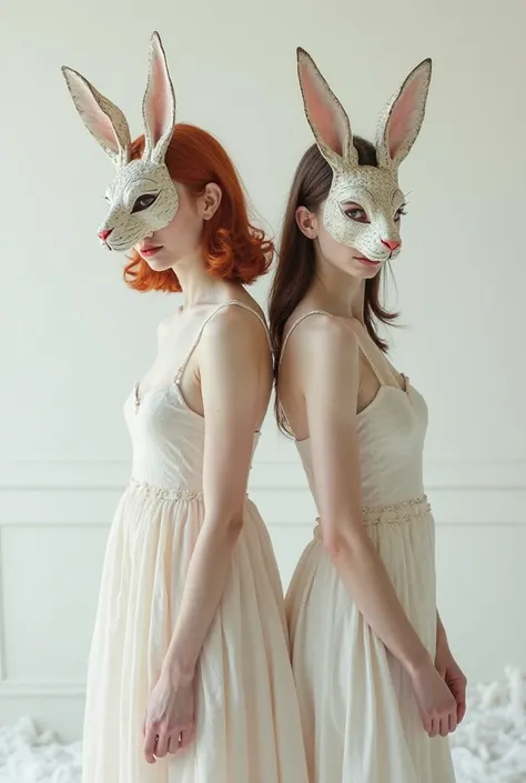 Two women with a rabbit mask , one redhead and one brunette , on a white background.