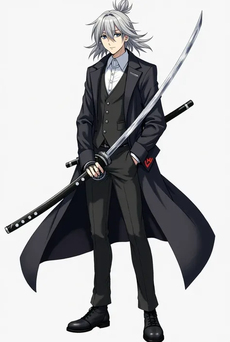 Adult with semi-long gray hair tied in a small ponytail, gray eyes, white shirt, black vest, black trench coat, black pants, black shoes, using a futuristic katana, Full body view, boku no hero style .