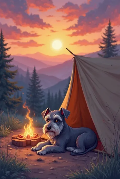 A schnauzer relaxing at the campsite　tent　Sunset　　 anime
