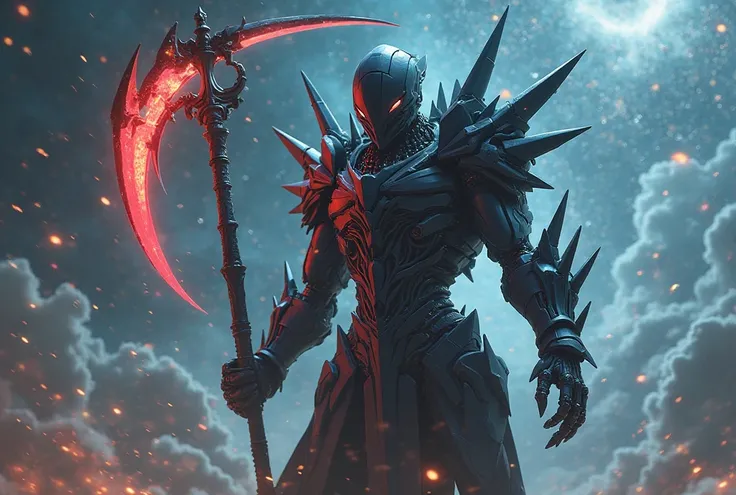 A futuristic, biomechanical warrior with a sleek, black exoskeleton stands under a cosmic sky, wielding a massive scythe with a segmented, glowing red blade. Its sharp, angular armor is adorned with intricate mechanical details, while multiple spiked appen...