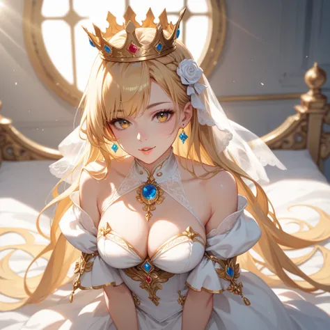 An anime-style saintly woman dressed in a revealing white outfit, adorned with golden accessories. She wears a crown shaped like the sun's rays. She has golden hair, golden eyes, and an innocent-looking face. She lies on a bed in a tempting pose.

