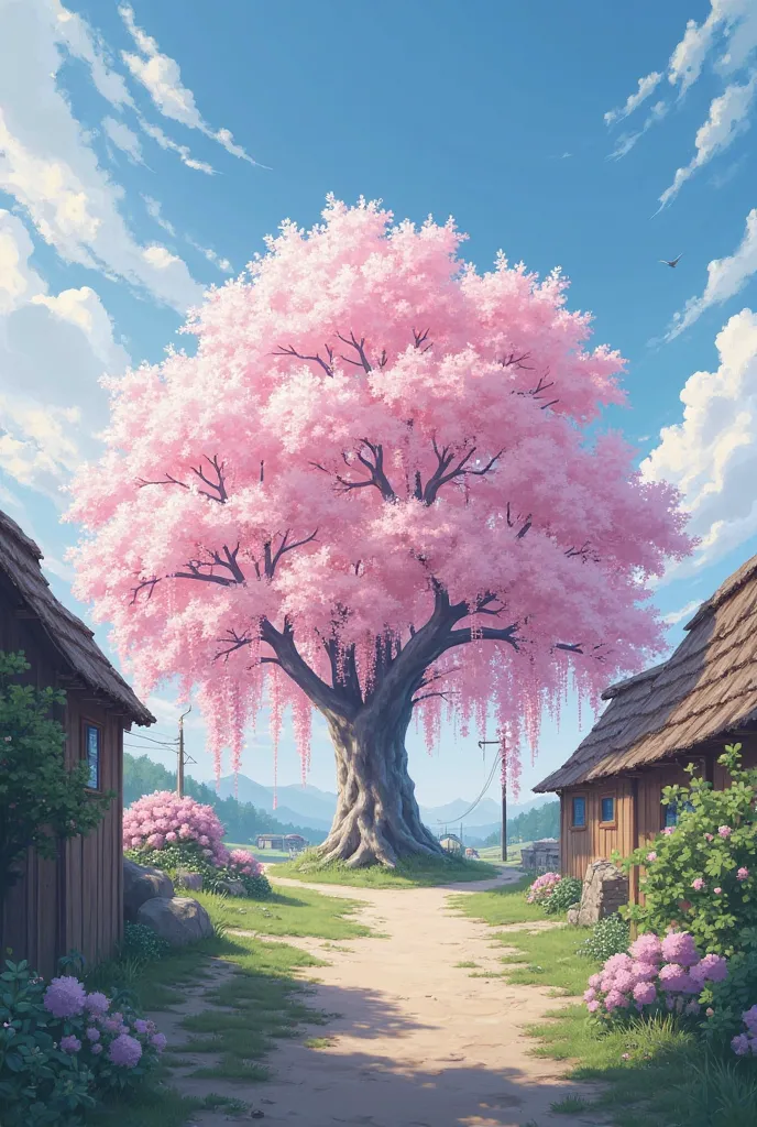 A cherry tree in the center of a village, with a bluish sky covered by clouds 