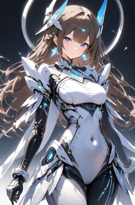 medium hair,  blue eyes, simple background, blue and white clothes　Futuristic Suit　brown hair　two headpieces　1 girl, solo,  full body view　