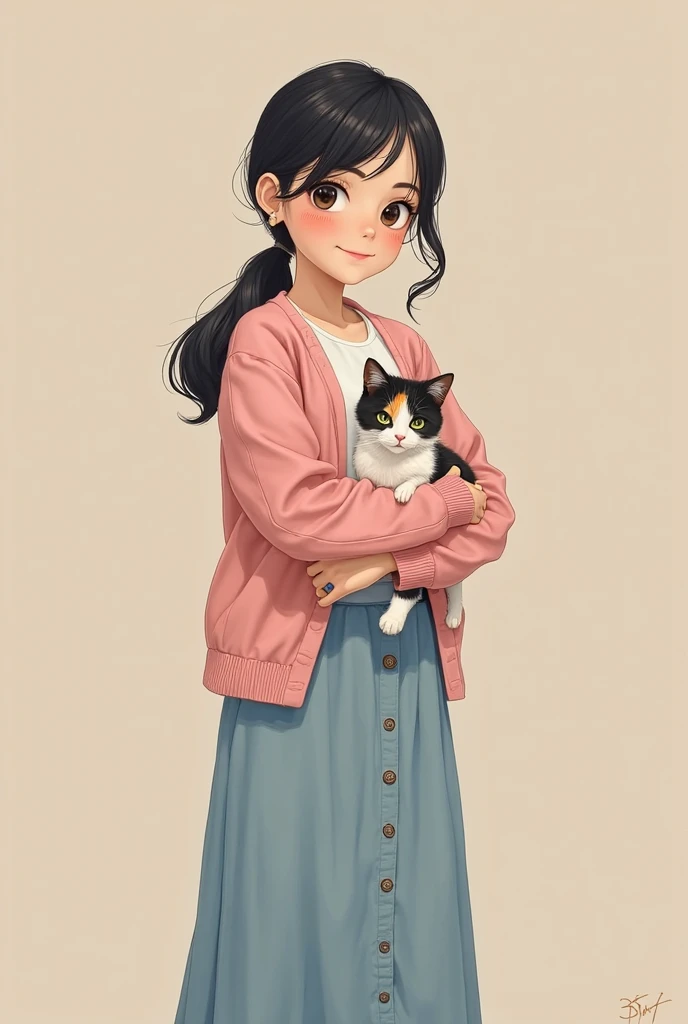 Make an image of a 20-year-old girl, an art-loral woman with black hair, dark brown eyes,,Thin with 1 .70, with pale skin ,hair tied low ponytail with a turkey yes, with long ankle-length skirt in pastel blue color yes,white buttoned shirt yes,pastel pink ...