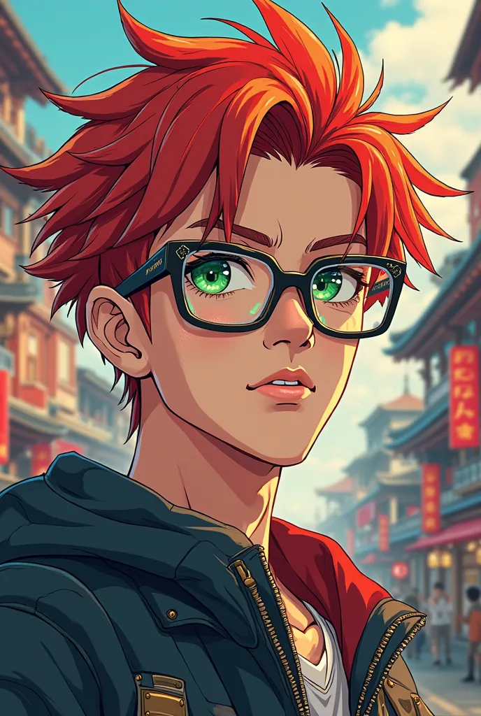 Now I need you to create an anime-style image of a Canadian man with red hair and green eyes, of lenses 