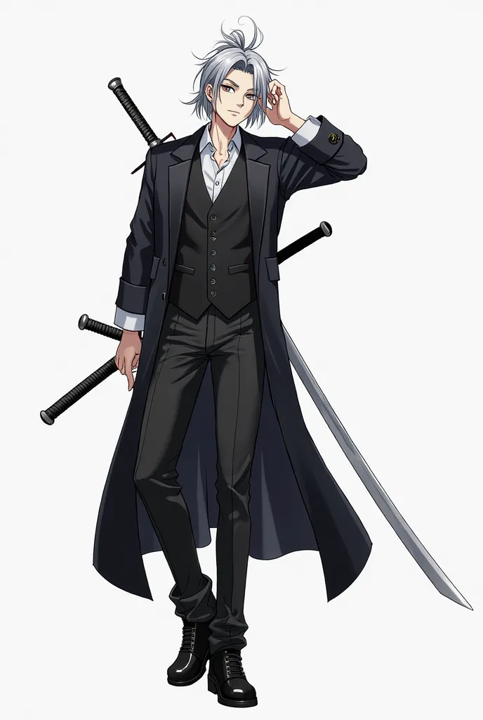 Adult with semi-long gray hair tied in a small ponytail, gray eyes, white shirt, black vest, black trench coat, black pants, black shoes, using a futuristic katana, Full body view, boku no hero style .