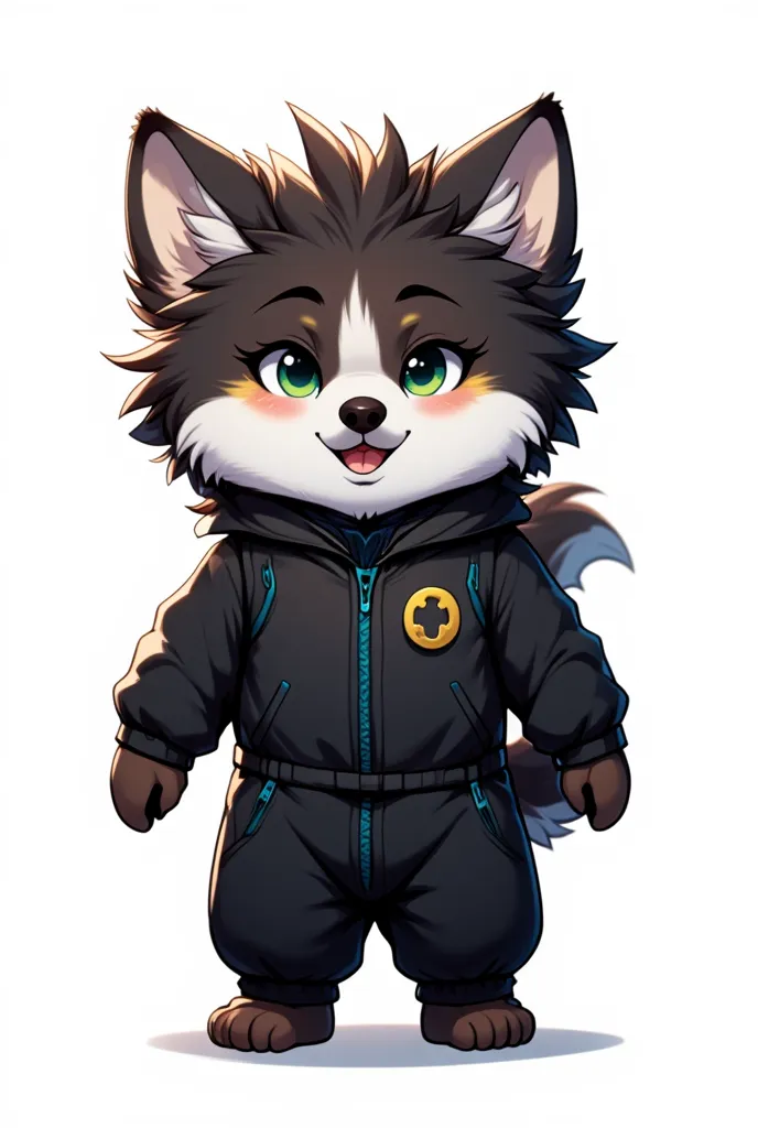 (masterpiece) white background, furry, a black, dark silver, yellow, blue Australian Shepherd dog with a black sleek minimalistic jumpsuit clothing, the character is the defender of the forest, chibi. full body.