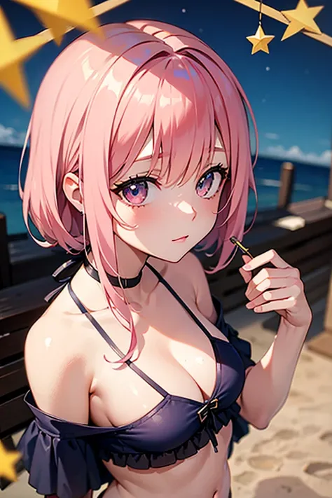 Make pink-haired girl with star-shaped eyes in a bikini based on picture-by-picture 