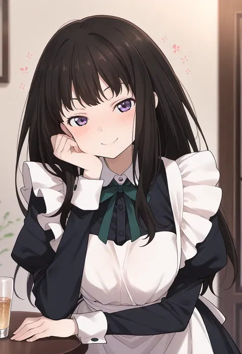 inoue takina, long hair, bangs, black hair, purple eyes,smile,,smile,,(Maid:1.3)、smile,,best quality best qualitysmile ,,best quality ( best quality )、(Nonsense)、( very detailed)、( very beautiful way to hold ) information best quality 、 Ultra-fine、Most HD、...