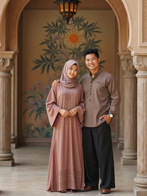 Original and real photo of a very beautiful Thai women aged 28 years old wearing a hijab, modern kaftan robe is very enchanting is standing companion with handsome korean man and  boy  wear gamis shirt and long black trousser with bakckround picture of a m...