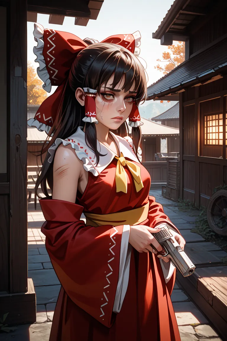 Reimu Hakurei　Sad Eyes　The area around my face is full of scars　Use a handgun with one hand to hold the injured stomach with the other