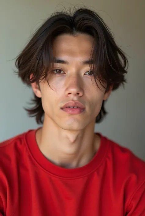 Young man with medium straight hair,  dark brown hair, slightly dark brown eyes,  pink lips, white skin,  ager, wearing casual red clothes