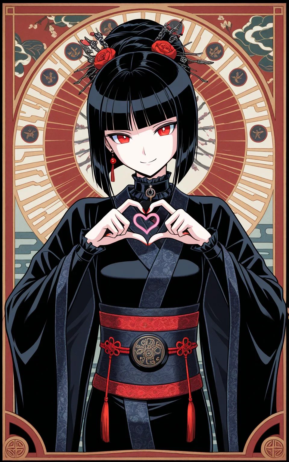 Gothic, cool beauty, solo woman, black hair, slender body, smile, rest, Japanese exotic fashion, Zen motif room, geometric, heart hands,