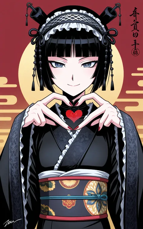 Gothic, cool beauty, solo woman, black hair, slender body, smile, rest, Japanese exotic fashion, Zen motif room, geometric, heart hands,