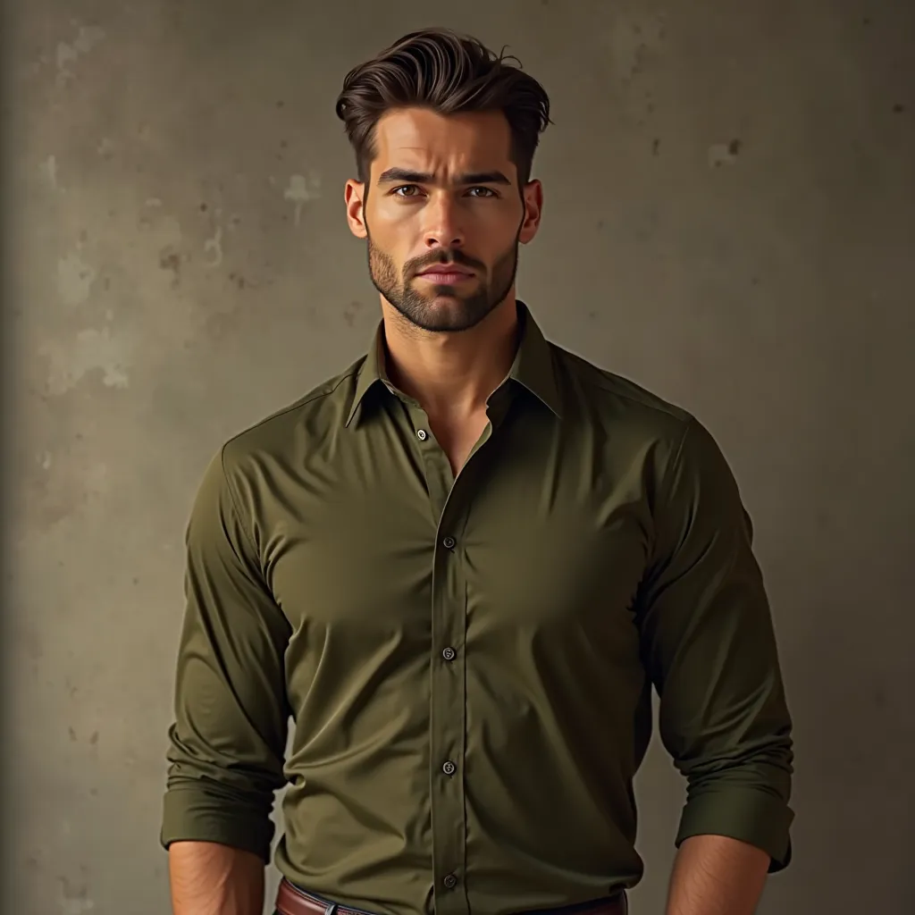 One handsome Men wear olive green shirt 