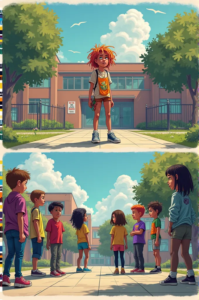 Vignette 1:
 Description : At the entrance of a school,  A new student , Alex, with colorful clothes and a different hairstyle, she looks nervously around.
text: “Today is my first day. I hope they accept me.”

Vignette 2 :
 Description : in the yard, Alex...