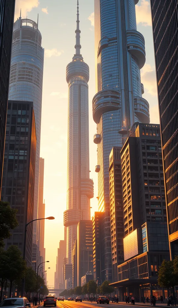 A hyper-realistic, three-dimensional cityscape featuring towering skyscrapers with intricate glass facades reflecting the sunlight. The scene is set during golden hour, casting warm hues across the skyline. Each building showcases a unique architectural st...