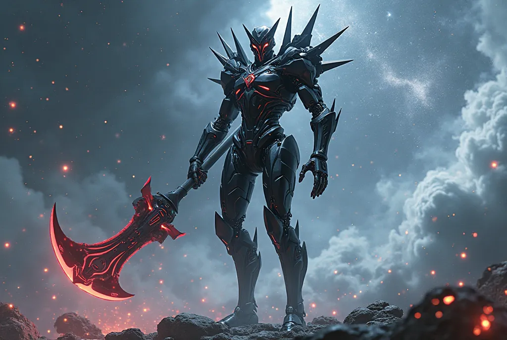 A futuristic, biomechanical warrior with a sleek, black exoskeleton stands under a cosmic sky, wielding a massive scythe with a segmented, glowing red blade. Its sharp, angular armor is adorned with intricate mechanical details, while multiple spiked appen...