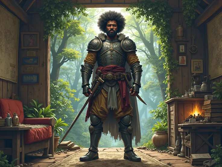 Warrior General Afro curly haired in a cabin in a forest realistic medieval anime style 