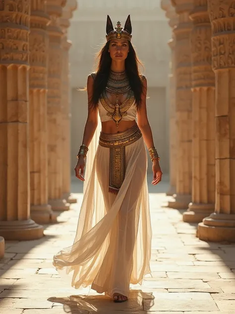 A realistic sexy woman dressed as a Pharaonic queen moving in the middle of an ancient Egyptian temple. She moves like a cat movement position on the ground. She wears a regal headdress adorned with gold and precious stones, a flowing white transparent lin...