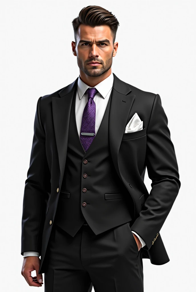   Create an ultra-realistic image   (( full body image)) Of a young man, Muscular, jacket with a raised 'Textured Crop' haircut, wear a formal men's outfit consisting of a full black suit. O traje inclui um paletó fine tuning preto, with two black front bu...