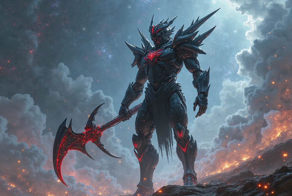 A futuristic, biomechanical warrior with a sleek, black exoskeleton stands under a cosmic sky, wielding a massive scythe with a segmented, glowing red blade. Its sharp, angular armor is adorned with intricate mechanical details, while multiple spiked appen...