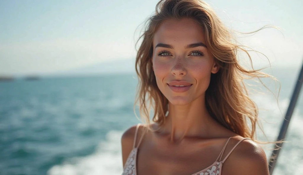 26 year old woman, medium-size body,piel blanca clara,  long wavy light brown hair, Full body photo, normal bust,  good-sized butt,gray eyes small lips selfie-type photo, on a yacht taking the sea tour 