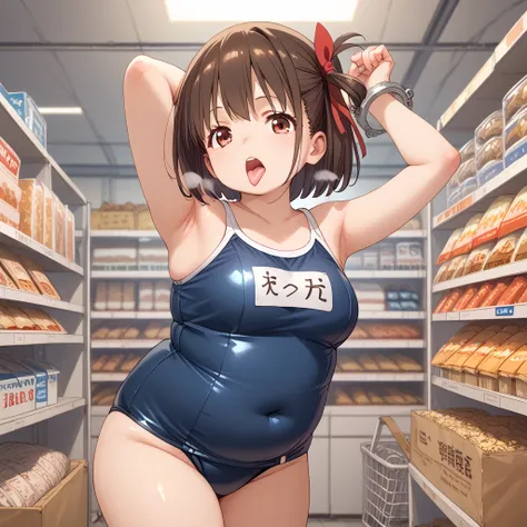 Saijo Chisato ,   short hair, bangs,  hair bow,    one side up,  bob cut ,  big breasted,  School swimsuit with tongue ,   to my armpit tongue,   Wakino, handcuffs,  Suppressed, bondage, bondage,    shiny skin ,  indoors,  storehouse ,,  alone, (  masterpi...