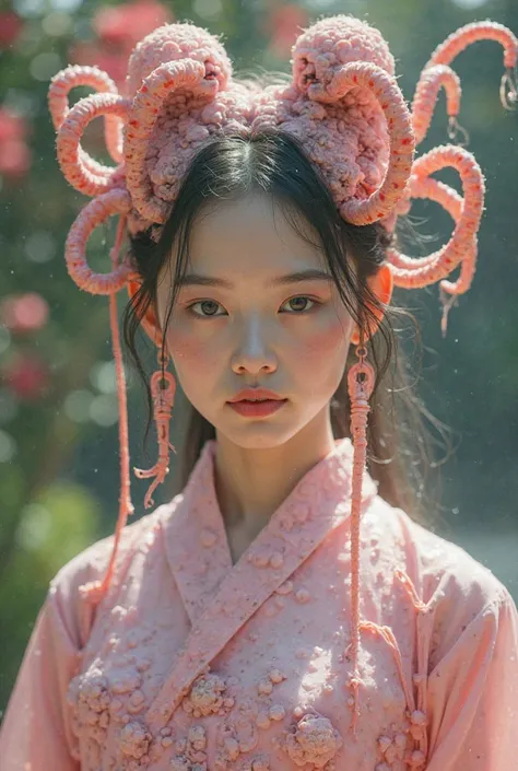 Sexually Exposed Ancient Oriental Girl，Dressed in pink outfit，brainwashed by four strange machine tentacles inserted into the head，One of the machine tentacles inserted into her ear，There are also two machine tentacles caught on the chest，background is bri...