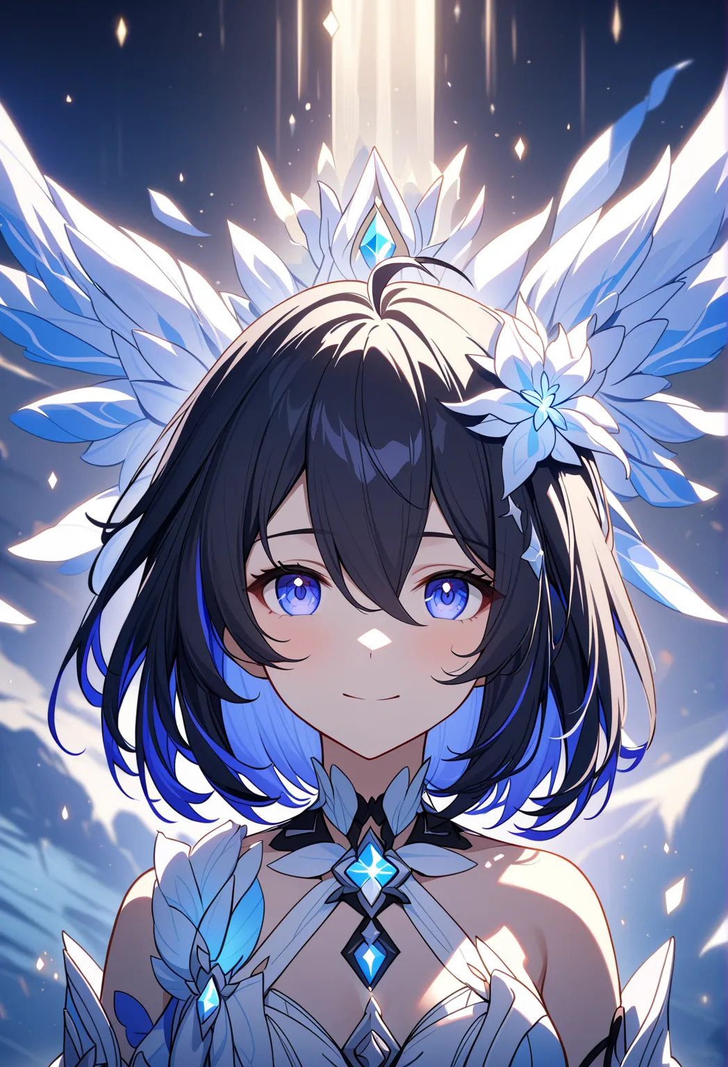 One girl, Seele vollerei \(Hersher of Rebirth), Honkai Impact 3, bobcut, black_hair_with_blue_hair smile, (Very fine grain:1.37), blue eyes, (Diamond shaped iris:1.5)