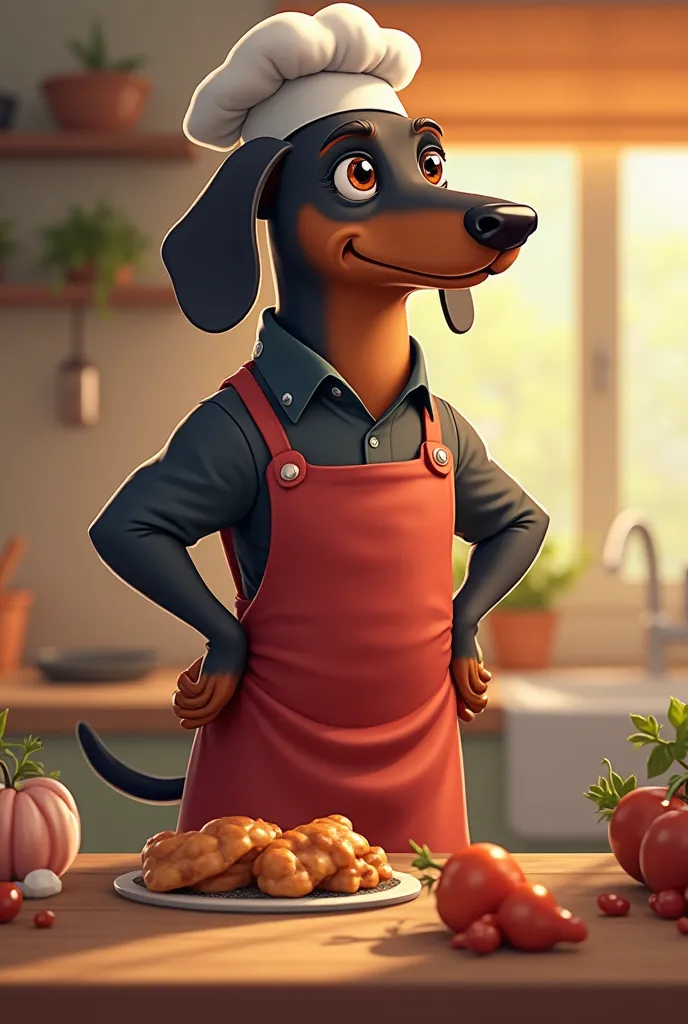 sturdy silhouette of a muscular dachshund cook, 2d, Premium quality,  Realistic illustration , home cooking background, food preparation scene,  cheerful expression, Detailed details, realistic textures,  warm lighting , vibrant color palette,  ultra detai...