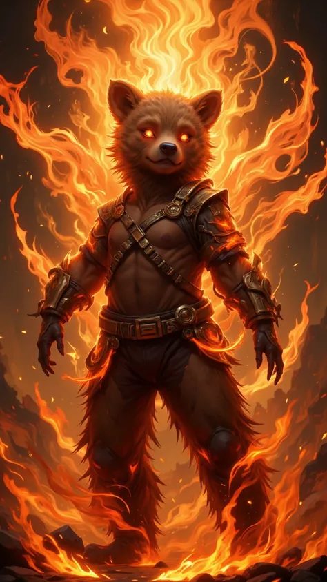 A majestic、Mysterious painting，Depicting a humanized elf surrounded by flames，towering painting，A mysterious anthropomorphic creature surrounded by flames，standing in the center of a swirl of flames，Eyes of a bear burning，flickering naughty light