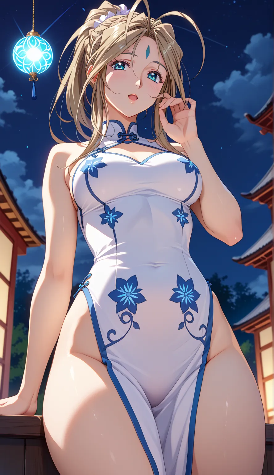 (Belldandy:1.15)、 20 year old girl、solo、 open your mouth and feel shy、 Hair、short hair、High Ponytail、Silky Hair、 beautiful hair、Straight Hair、 aqua colored eyes、 beautiful eyes、 Eyeliner、beautiful skin、 white skin、textured skin、(white china dress)、(Glowing...