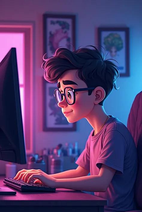 Generate a boy in spectacles, looking like computer savvy guy, cute and charming, working on computer, in purple and blue lighted room, boys age is no more than 20, room is like a gaming room, but the boy is a graphic designer, generate in cartoony style