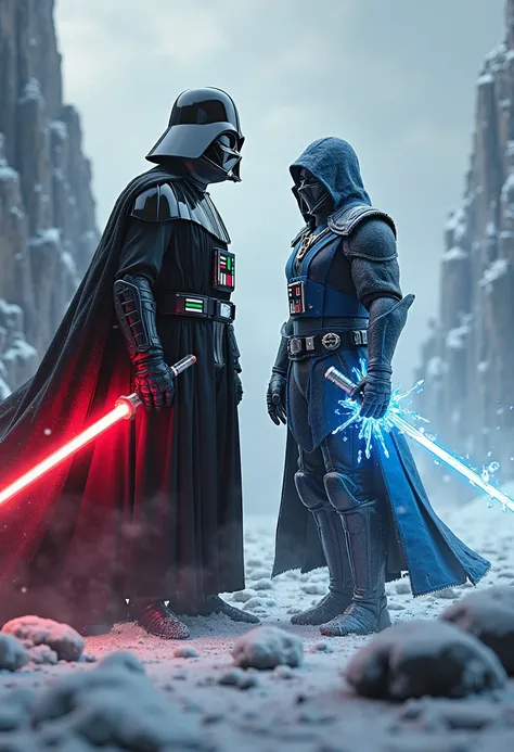 Here’s a strong prompt for your image:

"A dramatic, cinematic scene featuring Darth Vader from Star Wars and Sub-Zero from Mortal Kombat standing side by side in a frozen battlefield. Darth Vader, clad in his iconic black armor and flowing cape, grips his...