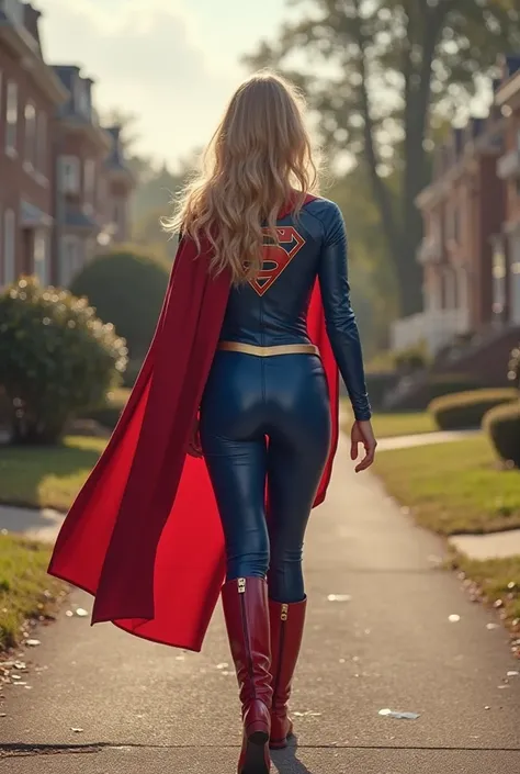 Realistic, rear ass view of supergirl walking in a quiet neighborhood, supergirl wearing a tight-fitting skintight push up wedgie tight sexy full body blue  leather supergirl catsuit and red leather boots and a thin gold belt , wearing a red cape, daylight...