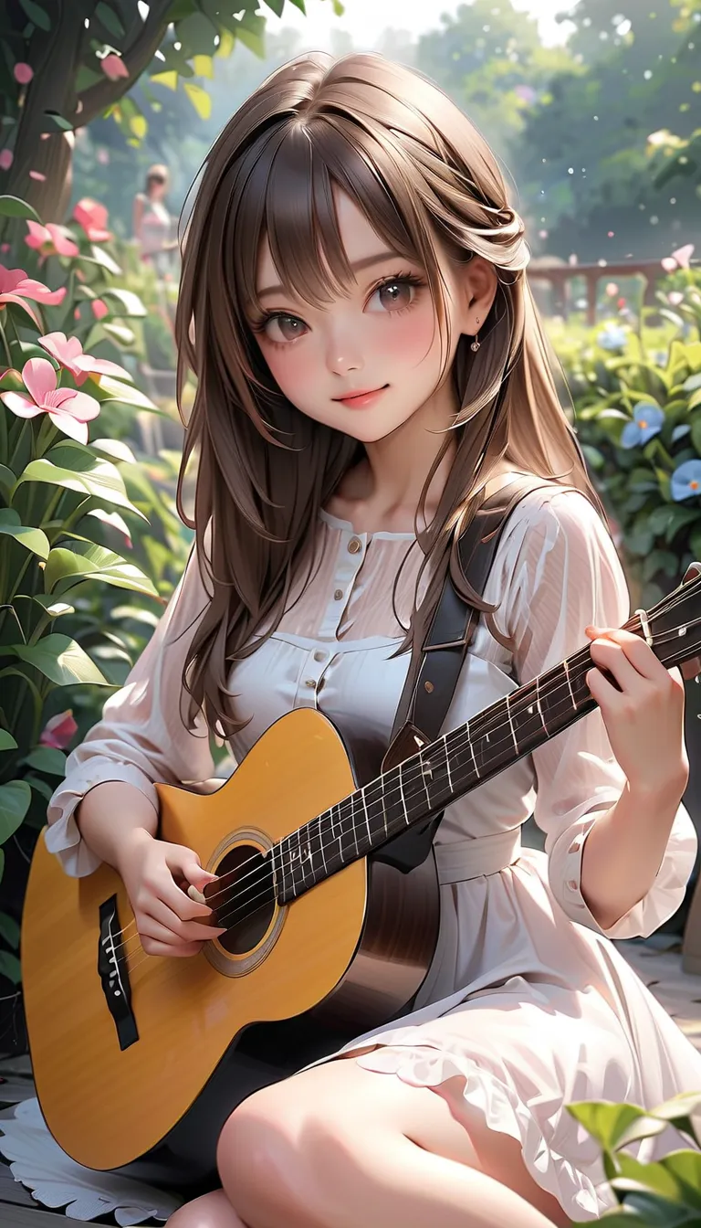 cute girl、HD、brown hair long hair、 dress、guitar、garden、Very Cute、Highest quality、 realistic、