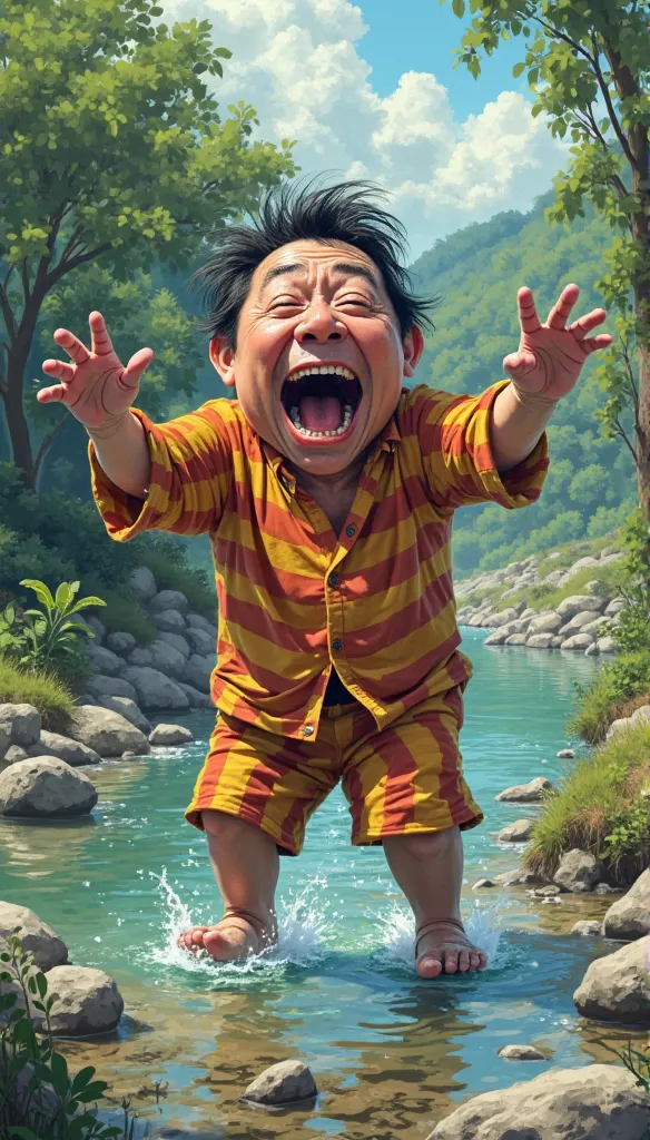 Obnoxious Nakajima-san is wearing striped clothes and crying and screaming at the island stream in Nakajimajima