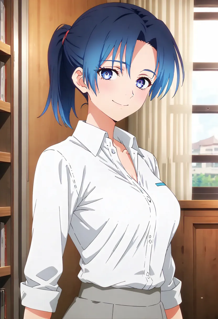 (anime screencap, masterpiece, best quality), Intricate details, indirect lighting, upper body, (Focus on the breasts), looking at viewer, standing, 1girl, medium breasts, blue hair, ponytail haircut, blue eyes, white shirt, collared shirt, grey skirt, smi...