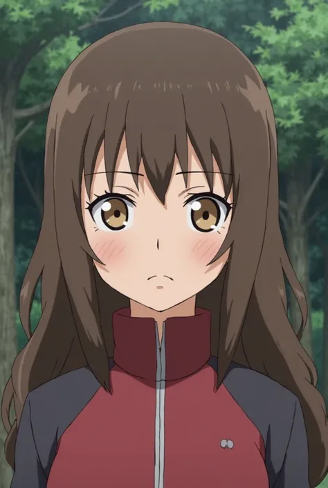 Screenshot Naruto .
Girl with wavy hair, coffee and long,  without bangs, light brown almond-shaped eyes, serious but friendly expression, with a mole above her lip, wears the Anbu uniform, and background in the woods.