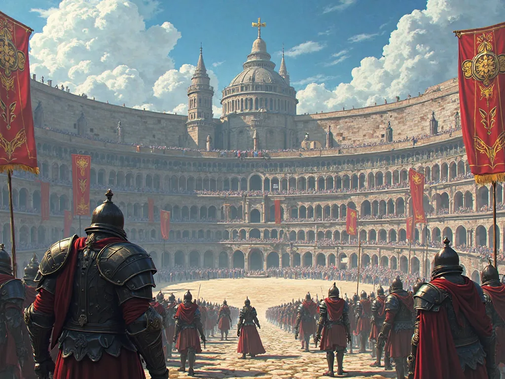 A coliseum, battle arena at the center of a realistic medieval anime-style kingdom 