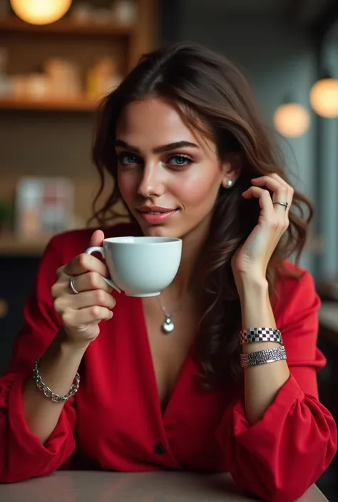 I want women to touch their hair while drinking a cup of coffee, the woman meets in a modern cafeteria in the city of Madrid Spain,  That in the background you can see a the cafeteria bar, The woman is wearing a red blouse, neckline, On his neck he has a s...