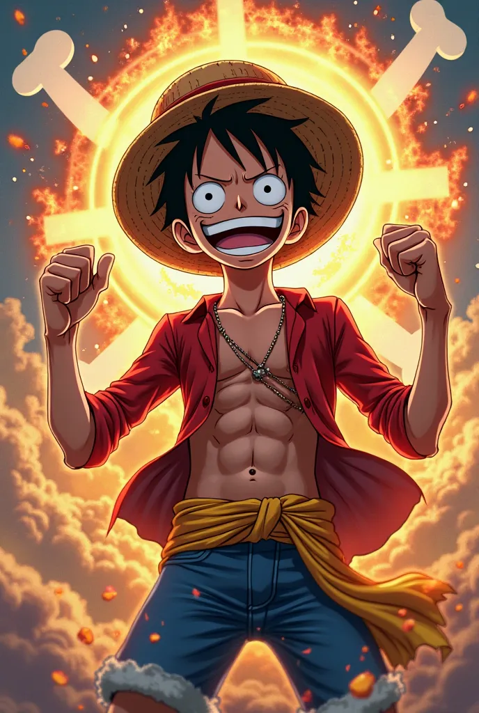 Podrías hacer un fondo de luffy con el Gear 5  diciendo "This is my peak" "Gear 5 ", Laughing and with the One Piece logo?