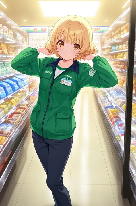 1girl, yuki mio, blonde, green jacket, Convenience store uniform, nameplate on chest, genes pants, smile, in Convenience store